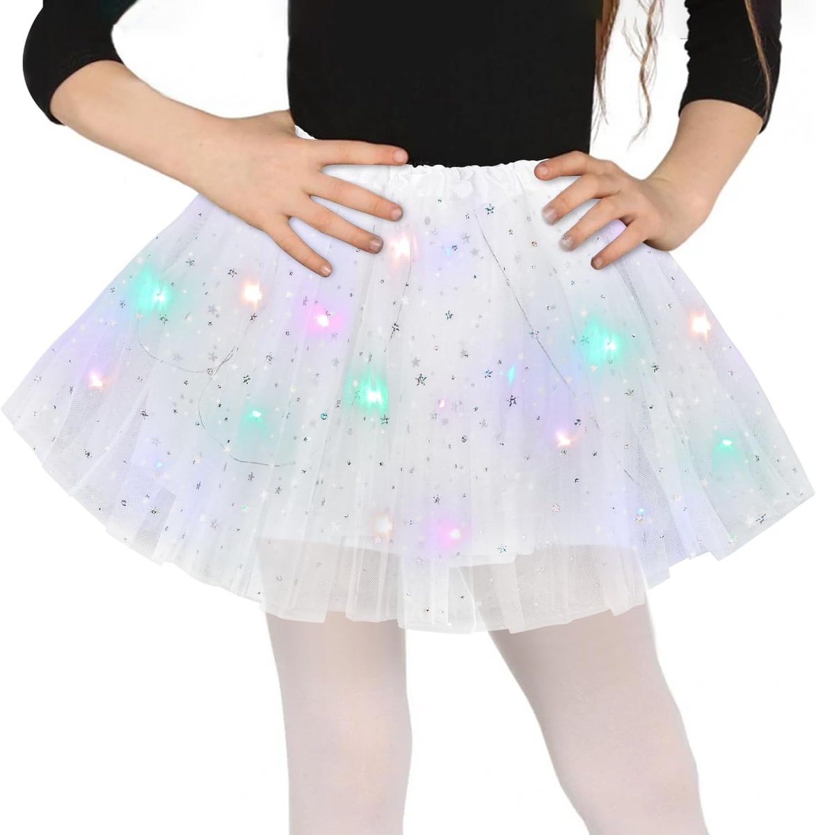 rok voor meisjes, dansjurk met pailletten, sterren, 30 cm, elastische minirok met ledverlichting, tutu-rok voor carnaval, Halloween, balletjurk voor meisjes van 3 tot 8 jaar