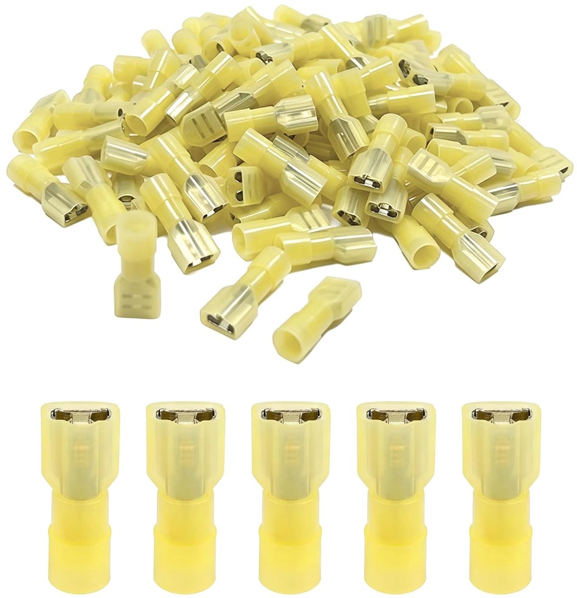 130 stuks platte stekkerhulzen, kabelschoen met krimpkous, volledig geïsoleerde connectoren, kabelschoenen, set platte stekkers, kabelschoenen voor 4-6 mm² kabel, geel, 6,3 mm