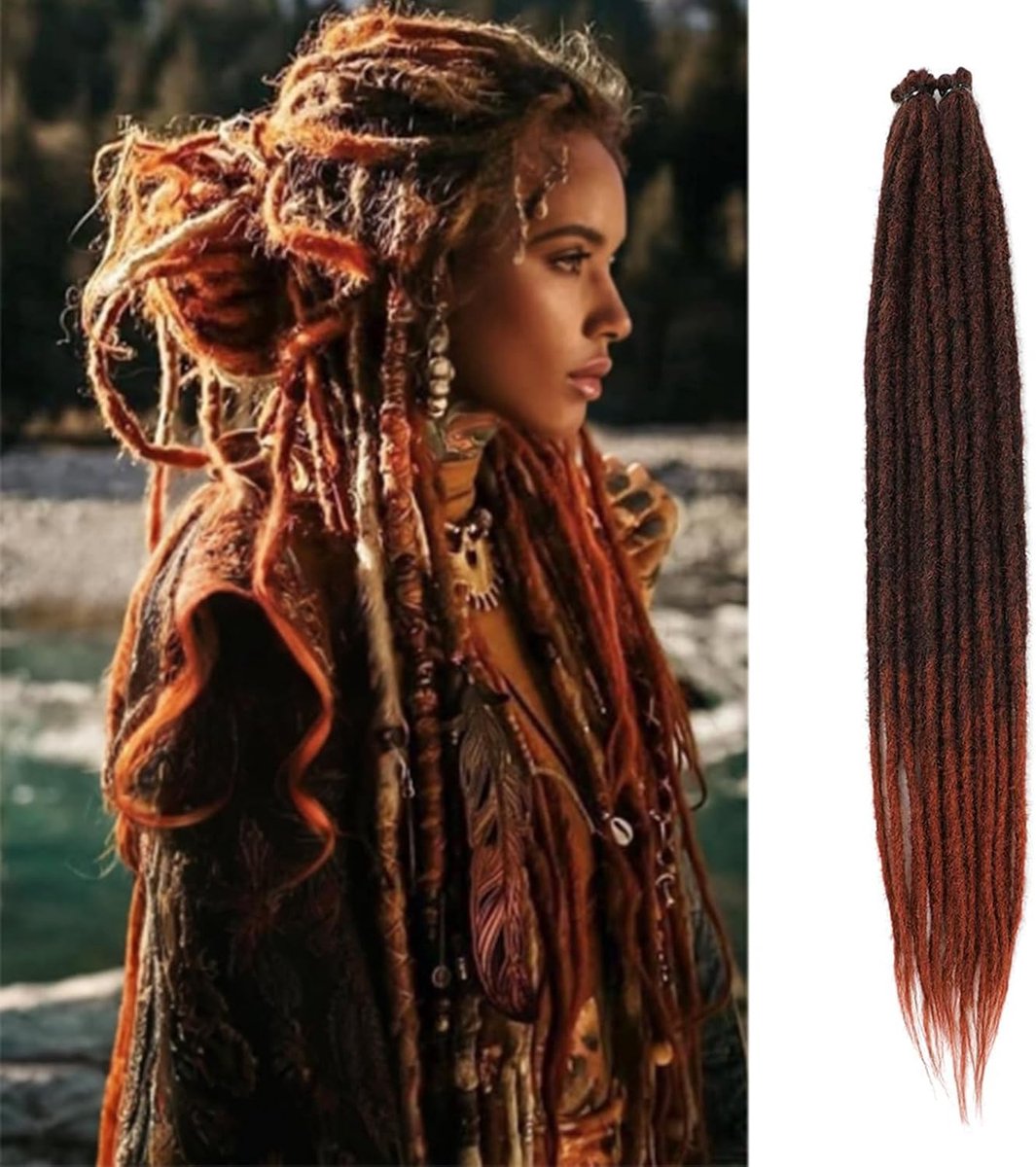 Extensions 24 Inch Synthetic Hippie Single Ended Dreads 10 Strands Ginger 0.6 cm Width Loc Extensions Reggae Style Crochet Hair for Women (1B/350, SE 10 Strands 24inch)