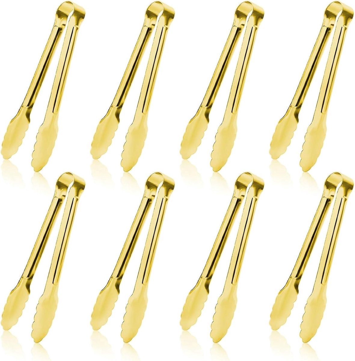 8-delige set gouden mini-metalen tangen – 5 inch kleine serveertangen van roestvrij staal – Praktische keukenhulpjes voor hapjes, ijsblokjes, suikerklontjes, salade, toast en desserts