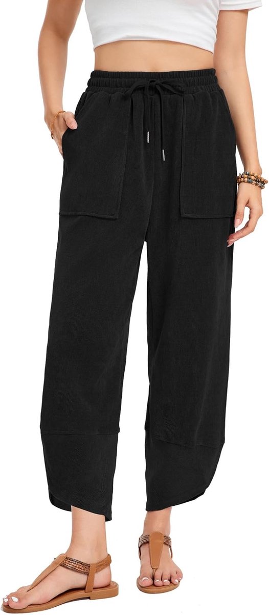 Palazzo Stoffen broek voor dames, losse elastische tailleband, wijde pijpen, harembroek met zakken, yoga, casual, lounge, lente en herfst