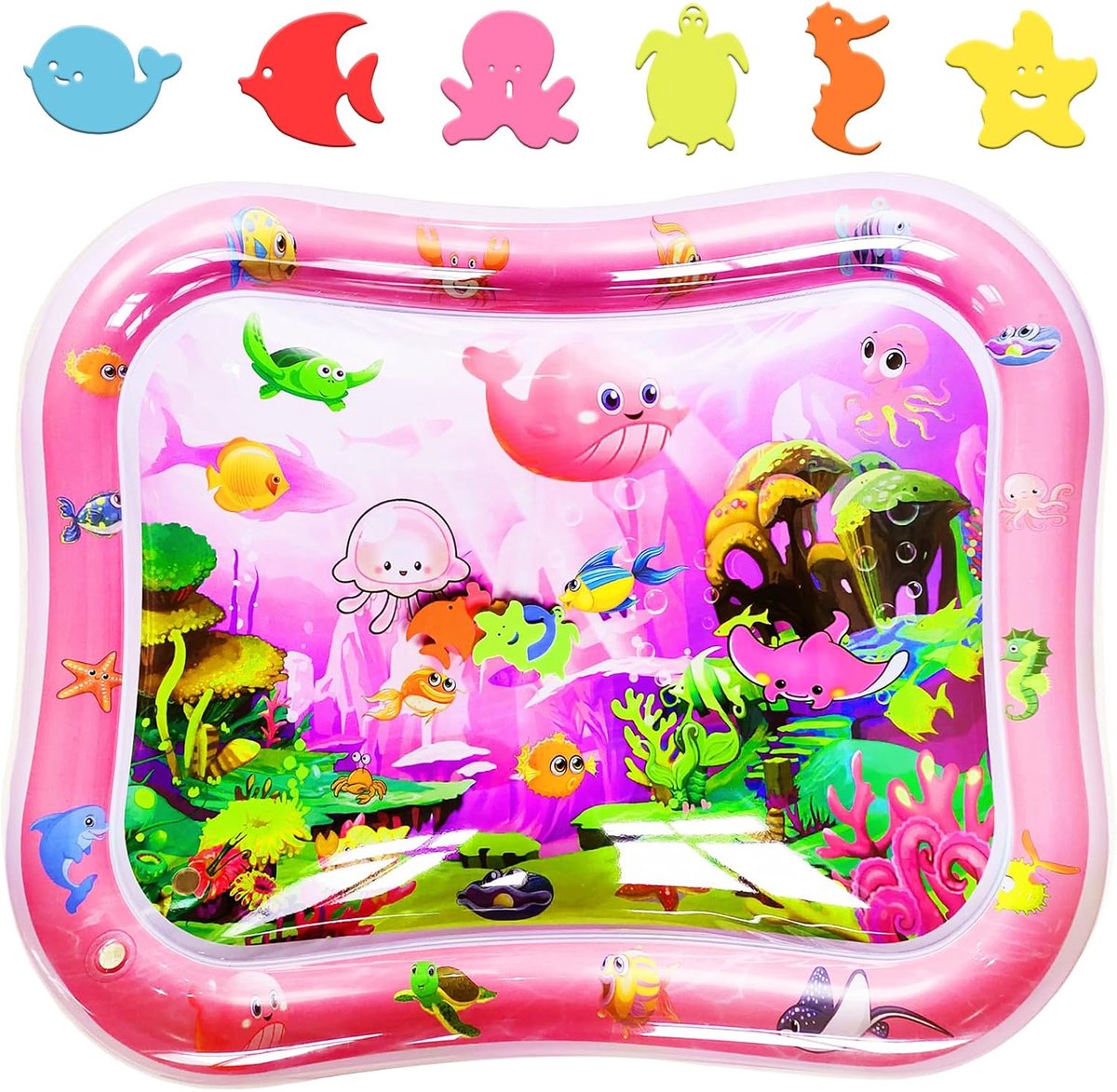 Watermat Groot 95x76cm, Veilige Opblaasbare Buiktijdsmat voor Baby’s en Peuters met Oceaan Dieren, Pasgeborenen Waterkussen Zintuiglijk Speelgoed voor Speeltijd & Vroeg Onderwijs (Roze)