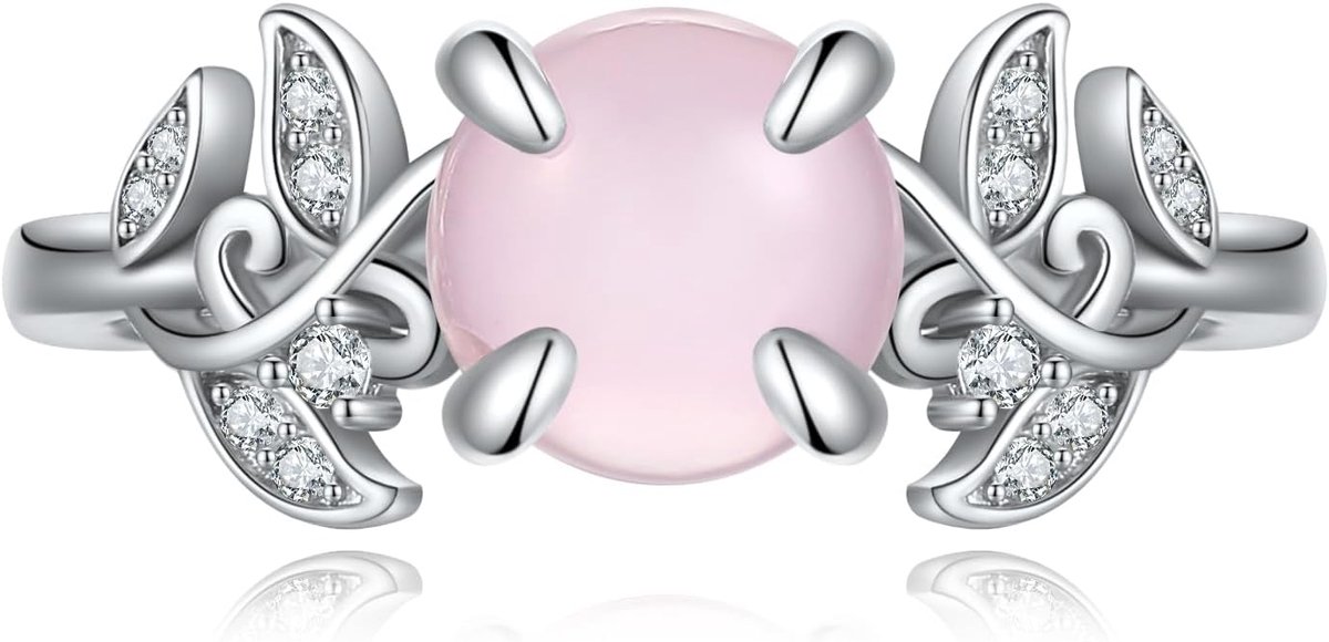 Natuurlijke rozenkwarts ring, 925 sterling zilver, bladrozenkwartsring, rozenkwarts voor dames