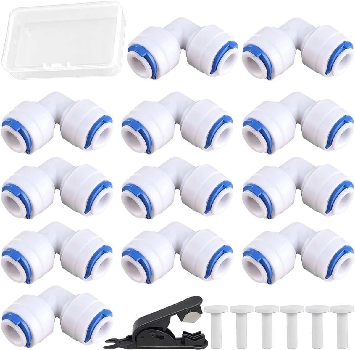 12 stuks 1/4 inch elleboog snelkoppeling 90° insteekbare elleboog waterleidingkoppeling met 1/4 inch afsluitkop voor omgekeerde osmose watersysteem