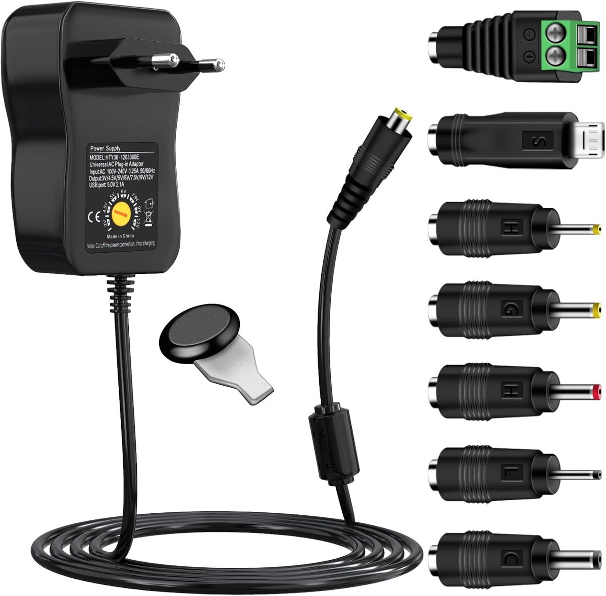 voeding cshare 40 W, AC naar DC, 3 V, 4,5 V, 5 V, 6 V, 7,5 V, 9 V, 12 V, schakelbare voedingsadapter met USB-aansluiting 5 V, 1 A, 7 tips voor 3 V tot 12 V