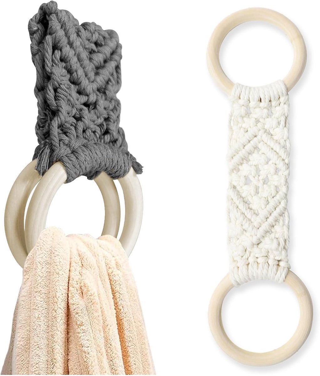 2 stuks keuken gehaakte handdoekhouder ringen lus, handgemaakte macramé vaatdoek hanger voor keuken aanrecht stand oven kerst (beige, grijs)