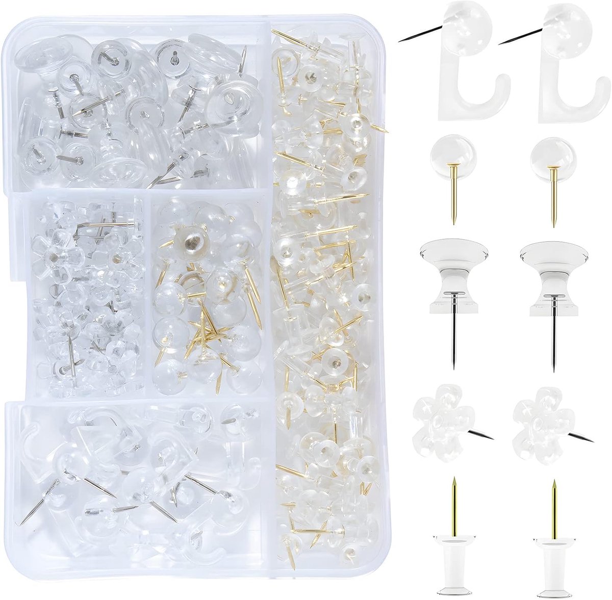 195Pcs Clear Push Pins Set Gold Clear Push Pins Kaart Tacks Ronde pinnen Grote Duim Tacks Haak Pushpin Bloem Thumbtack 5 Stijlen voor Kurk Bulletin Board