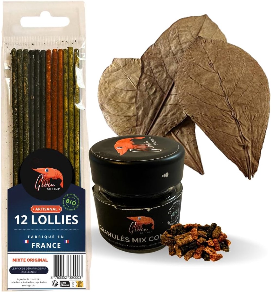 SnelShoppen - Kit Nutrition voor aquarium garnalen / Lollipops / Pellets / Catappa bladeren - 100% artisanal - Voeding voor zoetwateraquarium