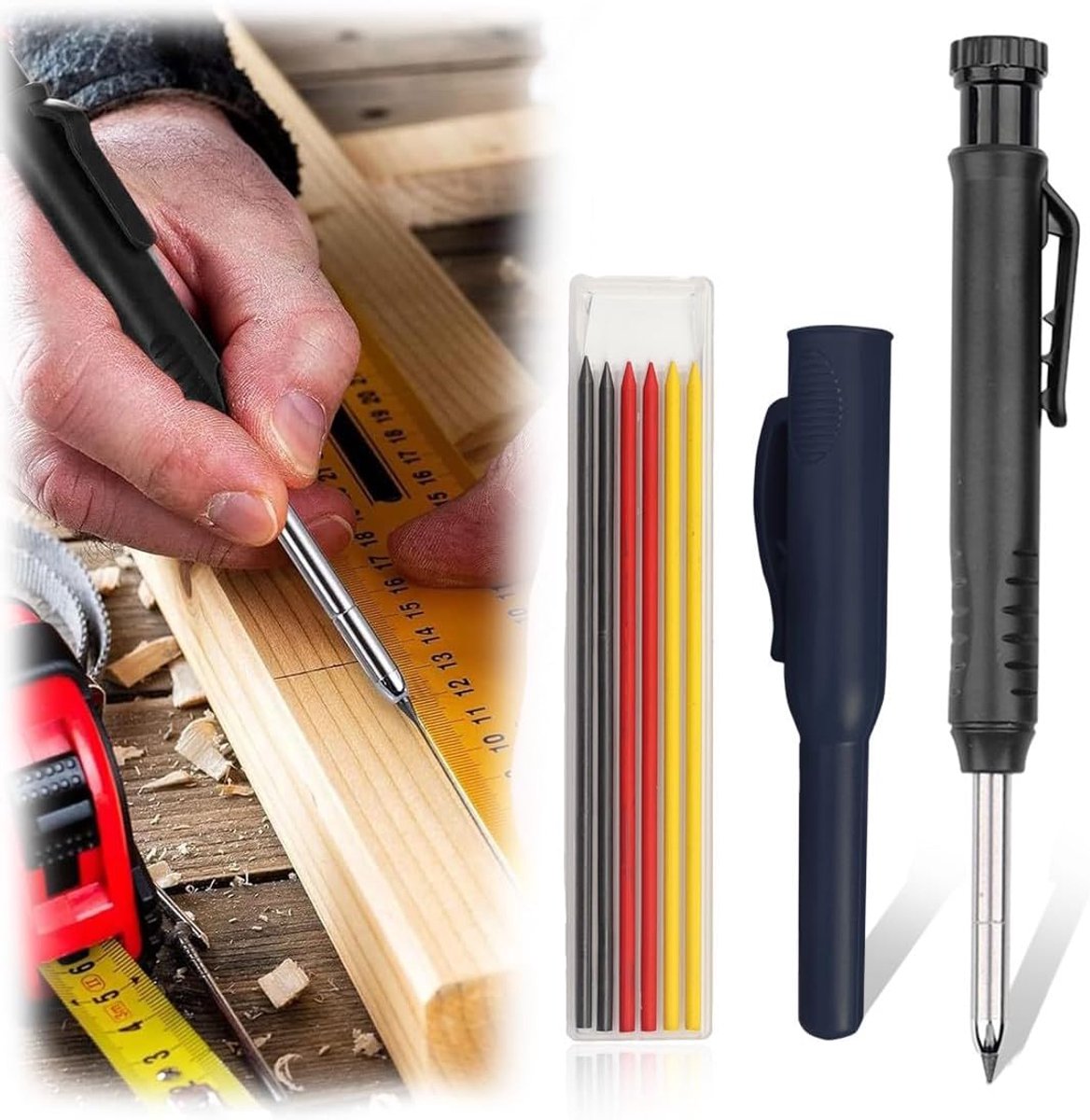 1 stuk bouwstaatsstift, timmermanspotlood met 6 navullingen (zwart +