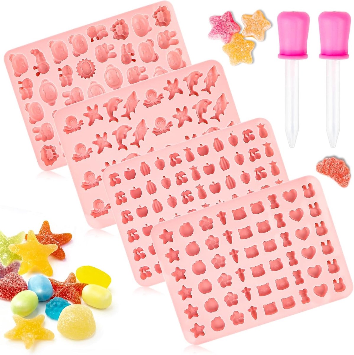 Siliconen Mallen voor Gummy Bears, Set van 4 Stuks, Niet-Plakkerig, Voor Chocolade en Snoep, Inclusief 2 Druppelaars voor DIY Snoepbereiding