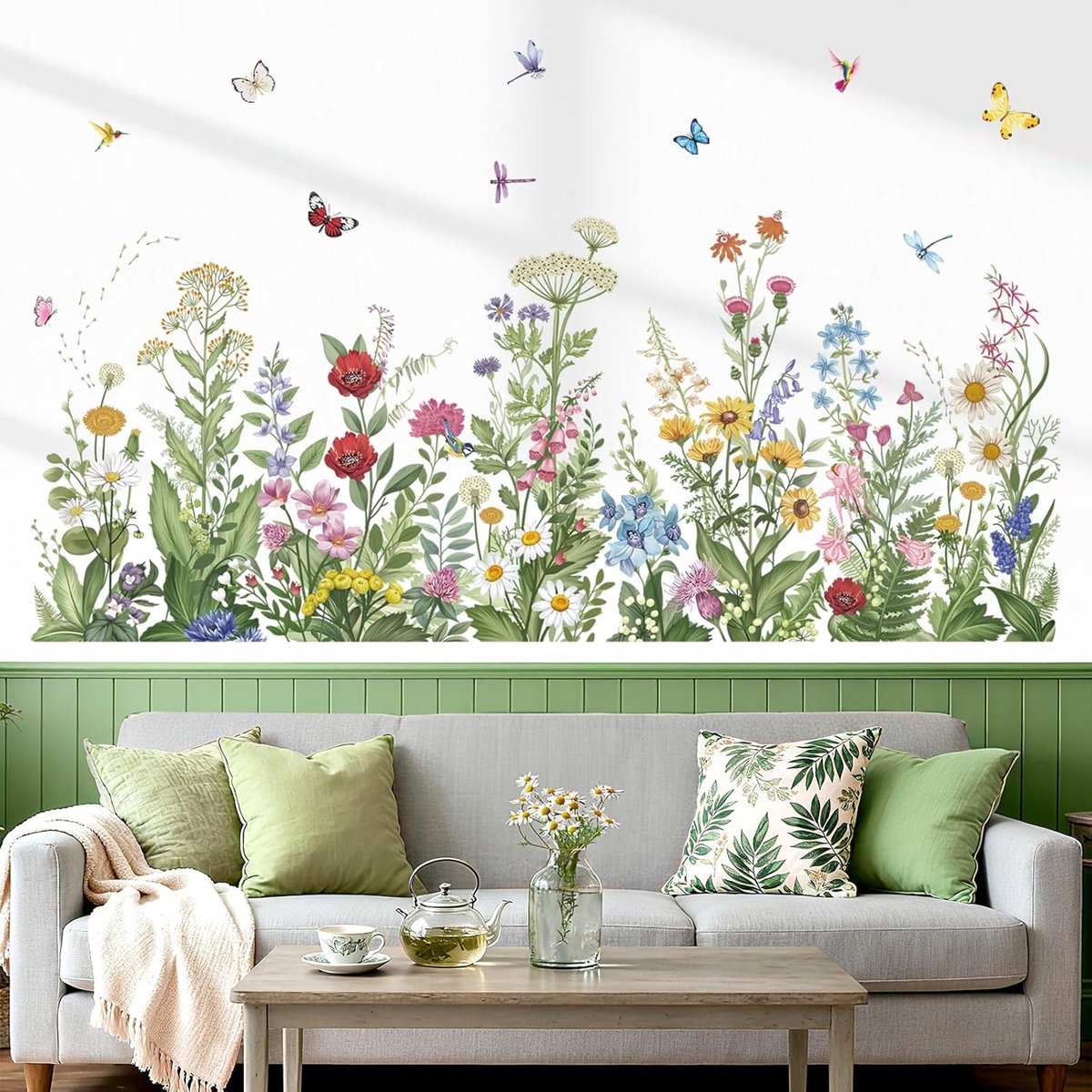 Muurstickers Groene Planten Wilde Bloem Muurstickers Gras Bladeren Vlinder voor Slaapkamer Woonkamer TV Muur