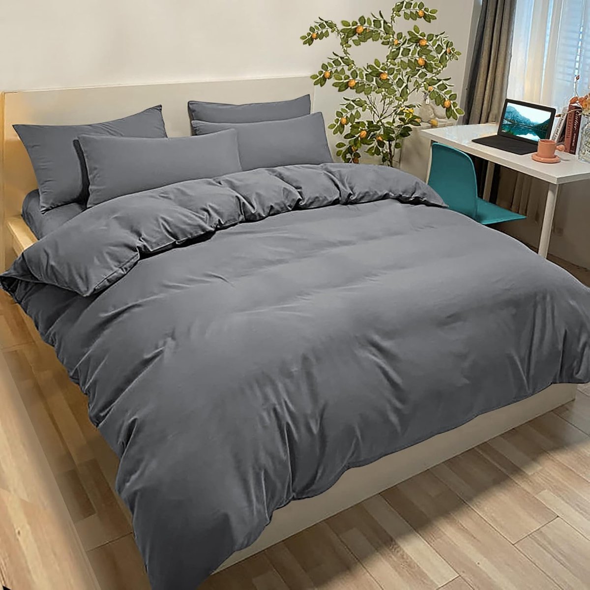 SnelShoppen - Dekbedovertrek 200 x 200 cm met 2 Kussenslopen 65 x 65 cm voor Tweepersoonsbed, Microfiber, Oeko-Tex® Gecertificeerd, Donkergrijs, Zacht