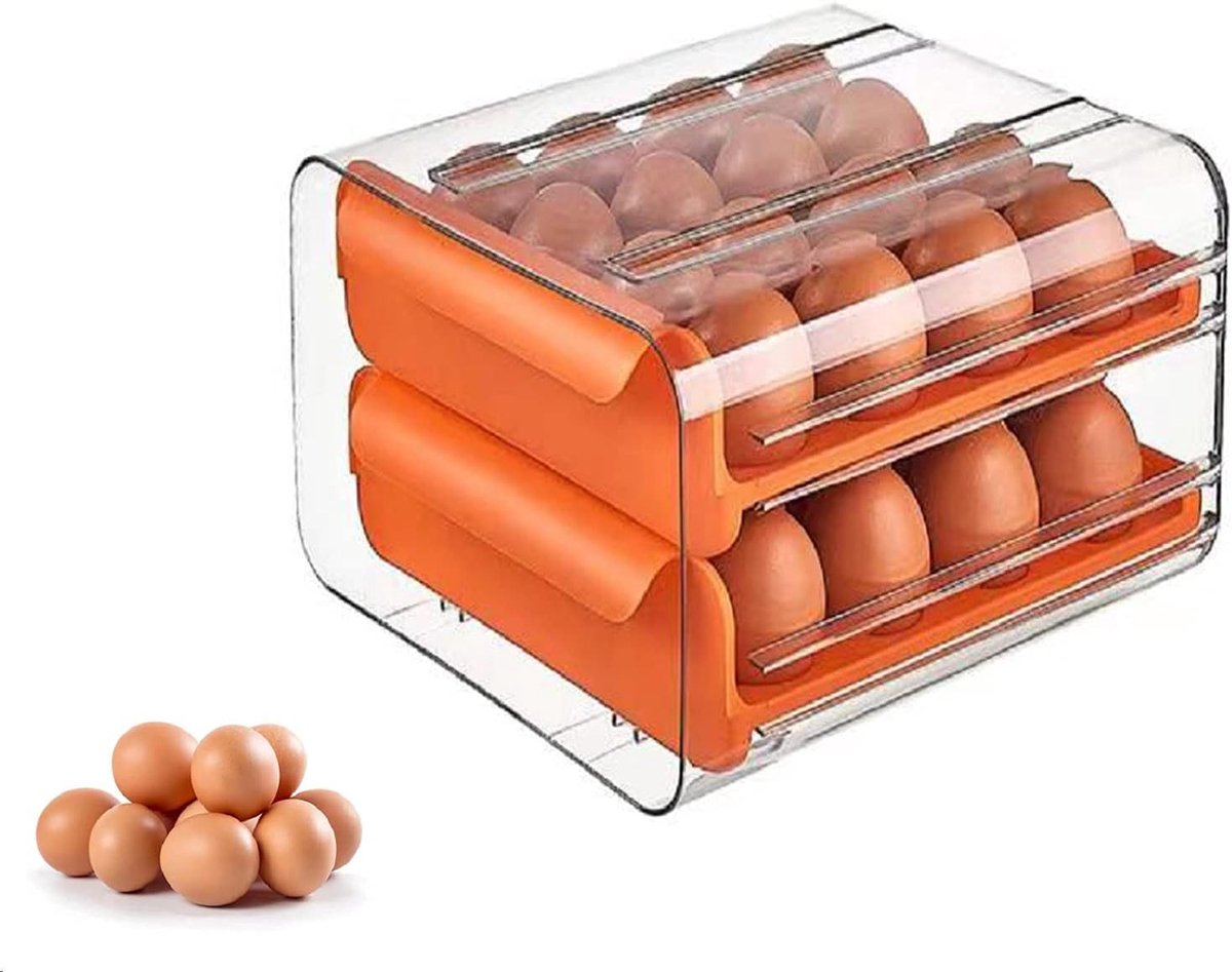 Eierbox voor koelkast, eieren, opbergdoos, stapelbaar, transparante eierdoos, eierhouder van kunststof, eieropbergdoos voor vers, lade (oranje)