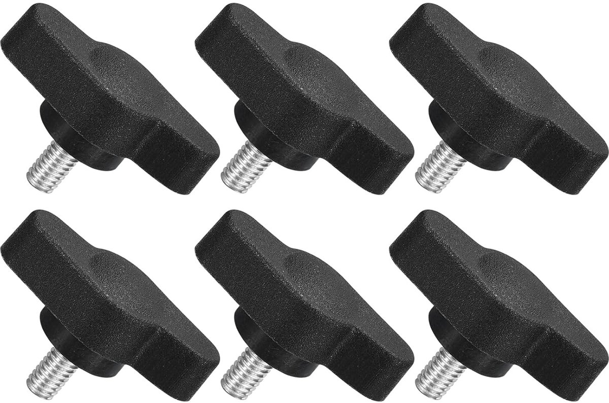 6 stuks T-vleugelgrepen met vlinder, spanknop schroef M4 x 8 mm buitendraad schroeven roestvrij staal 304 handvat 27 mm diameter voor reserveknop, zwart