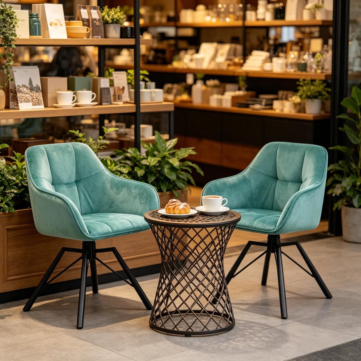 MIVRAY Eetkamerstoel 58,5 cm - 360 Graden Draaibaar Met Armleuningen - Voor Eetkamer Keuken En Woonkamer - Velvet Metaal - Turquoise