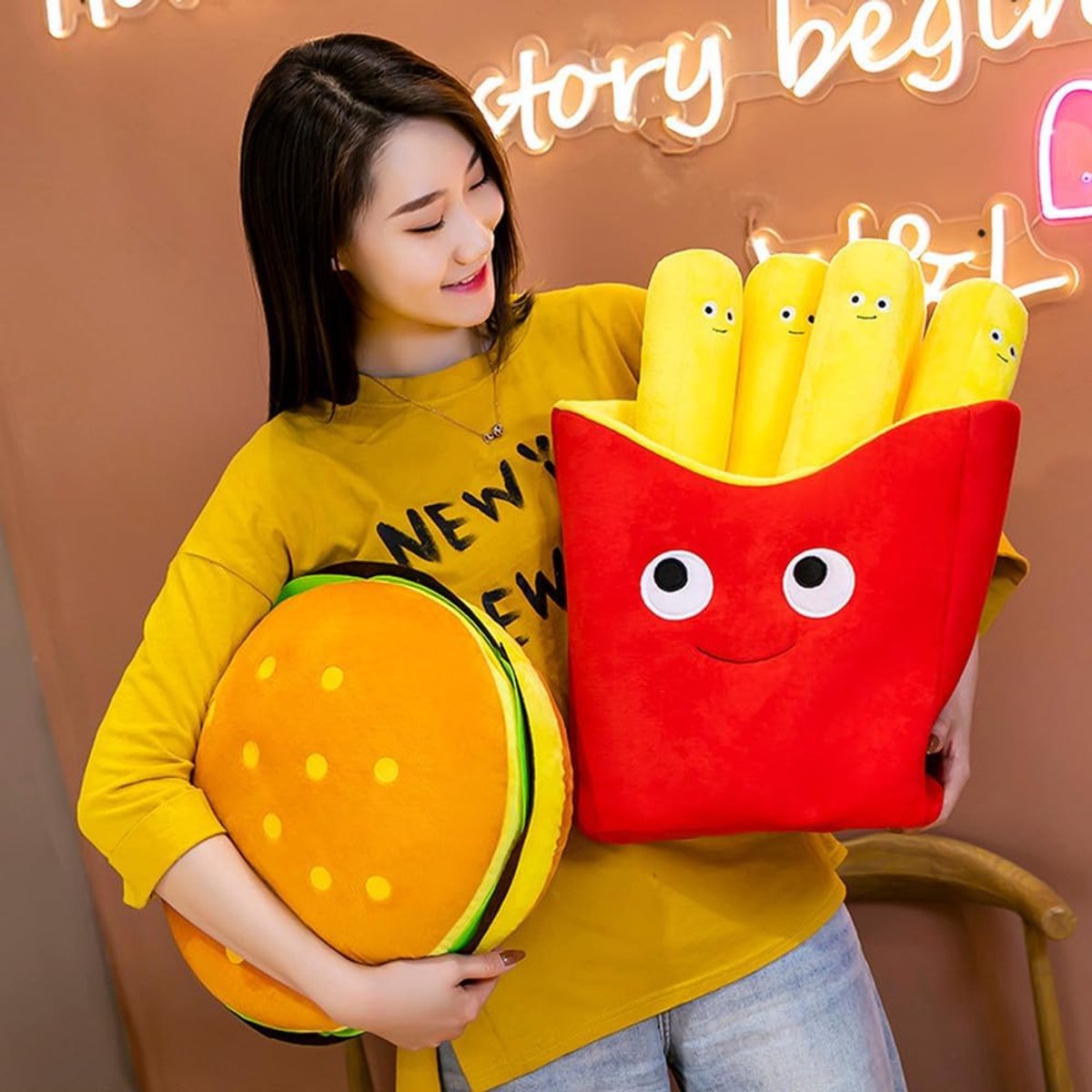 Cheeseburg grappig voedselgevuld pluche kussen, 40 cm, hamburger fret, gevuld kussen, groot voor kinderen, geschenken en woondecoratie (friet)