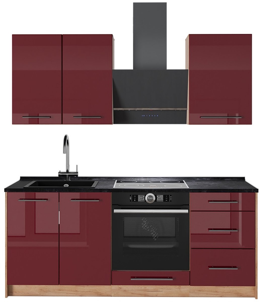 Vicco Eenpersoonskeuken Fame-Line, Bordeauxrode hoogglans/Goudkleurig Eiken, 190 cm, WB Antraciet