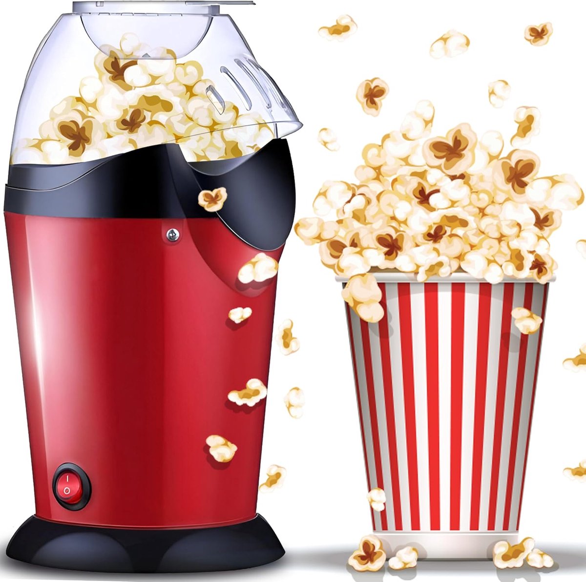 Popcornmachine zonder vet en olie, 900 watt, hete lucht popcornmaker, keuken, coole gadget voor popcorns, gezonde snack, vetvrij en olievrije popcorn in huis, popcornmachine, rood