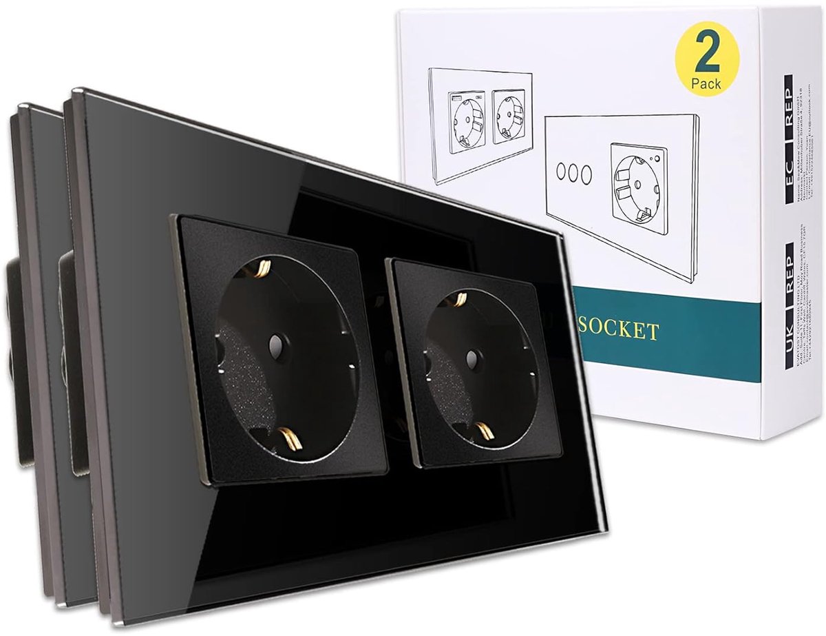 Schuko-inbouwstopcontact, met glazen frame, dubbel stopcontact, tweevoudige wandcontactdoos, 2 stuks, zwart