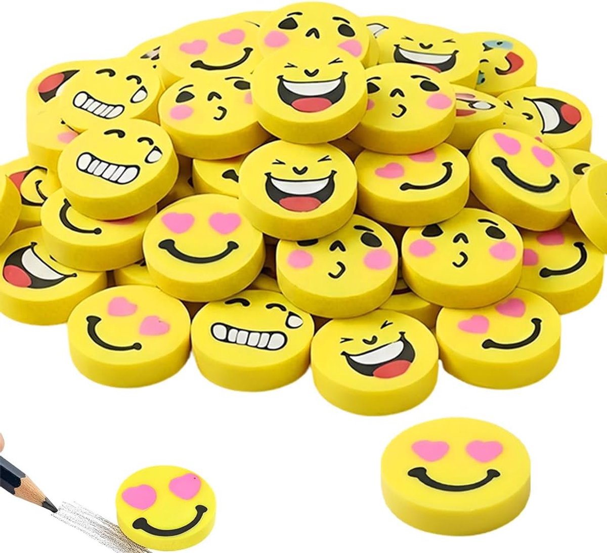 SnelShoppen - Emoji Gum Geel 2.5 cm voor Kinderen, Studenten, Verjaardagscadeaus, Verpakking van 40 Stuks, Hoogwaardige TPR, Perfect voor Feestjes en