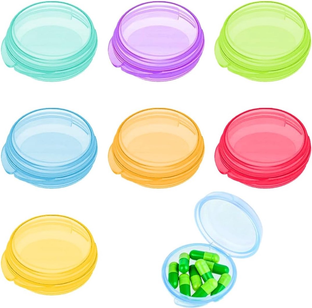 Compacte 7-delige pillendoosjes voor onderweg, medicijnhouder, vitamine-organizer voor reizen en outdooractiviteiten (Rond, Transparant)