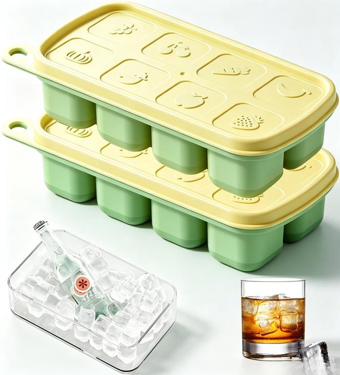 KZQ siliconen ijsblokjesvormen - 2 schattige siliconen ijsblokjesvormen - Met deksel - BPA-vrij, gemakkelijk te ontvormen - Geschikt voor whisky, cocktails, babyvoeding, feestjes - Geelgroen - 15 x 4 x 7 cm