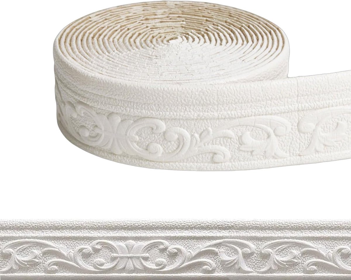 SnelShoppen - Zelfklevende 3D Wand- en Plafondlijst voor Muur- en Plintenafwerking, Waterdichte Stuclijst van XPE Schuim, Wit, 10m x 8cm x 5mm