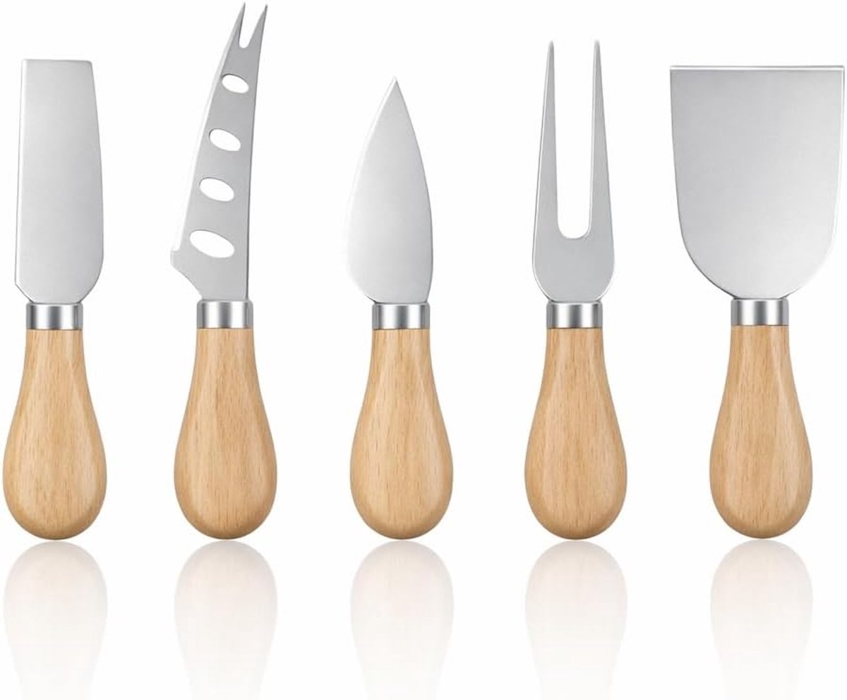 Kaasmes set 5-delig - roestvrij staal - houten handvatten - ideaal voor kaasplank - SnelShoppen