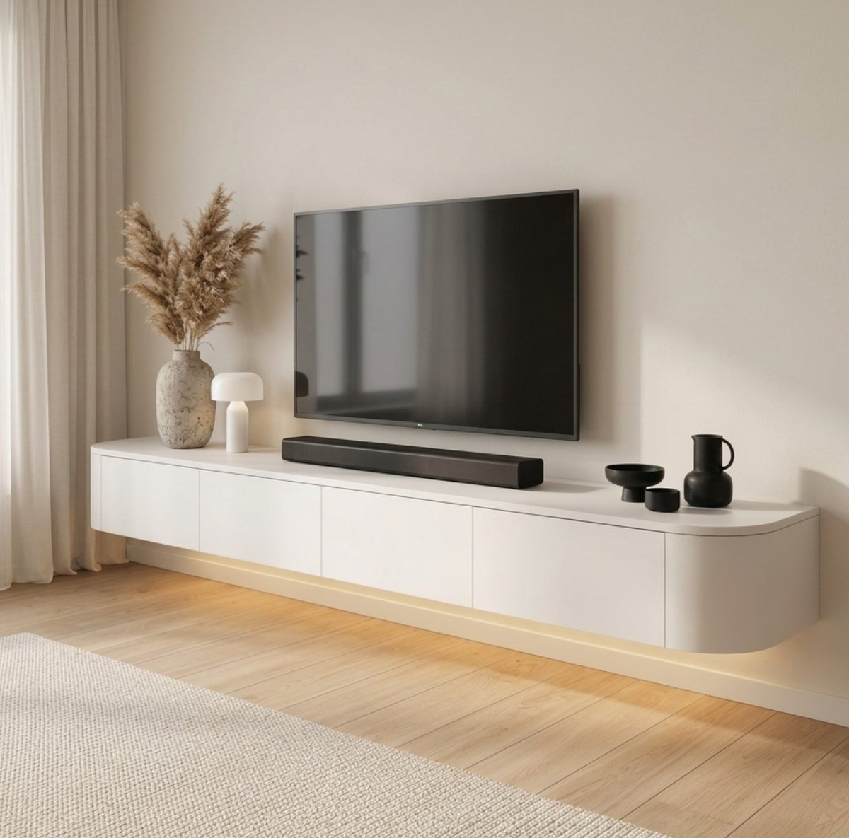 Japandi Tv Meubel Curved - Wit - 280x33x33 cm - Gebogen zijkant - Volledig Gemonteerd - Zwevend TV Meubel 280cm – Wandgemonteerd TV Kast met Deuren en Lade – Floating TV Cabinet – Curved Design – Modern Scandinavisch TV Meubel