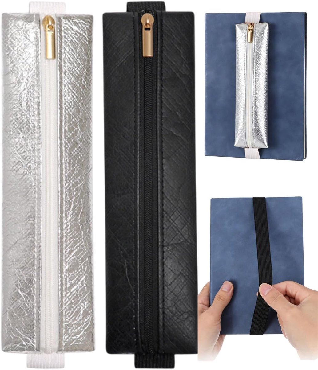 SnelShoppen - Pack van 2 penhouders voor notitieboek en dagboek, rits, elastische band, pennenetui, boekplanner, zwart, zilver, compact