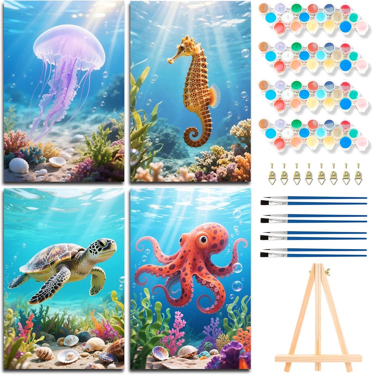 SnelShoppen - Paint by Numbers Set voor Volwassenen, DIY Schilderset Zeeschildpad met Verf en Easel, 20x30 cm, 4 Stuks, Creatief Ontspannen Schilderen