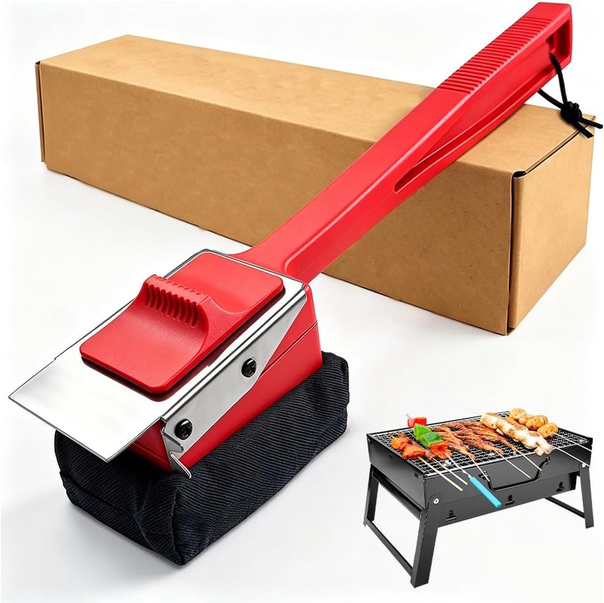 SnelShoppen - 4-in-1 Grillborstel zonder Metalen Haren voor Gietijzeren Grillrooster, RVS Grillborstel met Spatel & Verwisselbare Kop, Grillaccessoire