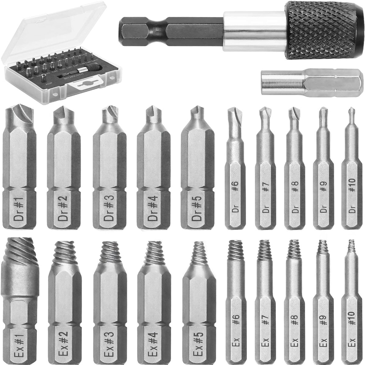Schroefextractorset voor gestripte, gebroken, beschadigde schroeven - 22 stuks, zilver - verwijderset met boorbits, extractors, bitverlenging en dopsleuteladapter