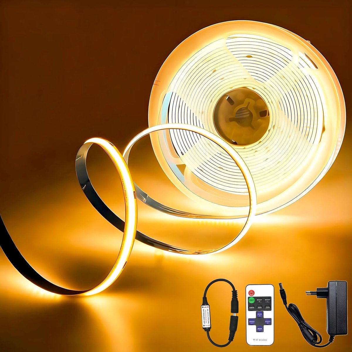 5 m, dimbaar, 24 V, flexibele COB ledstrip, lichtset met afstandsbediening en voeding, CRI92, 8 mm breed, doe-het-zelf ledstrip voor woondecoratie, keuken, onderbouw tv, woonkamer