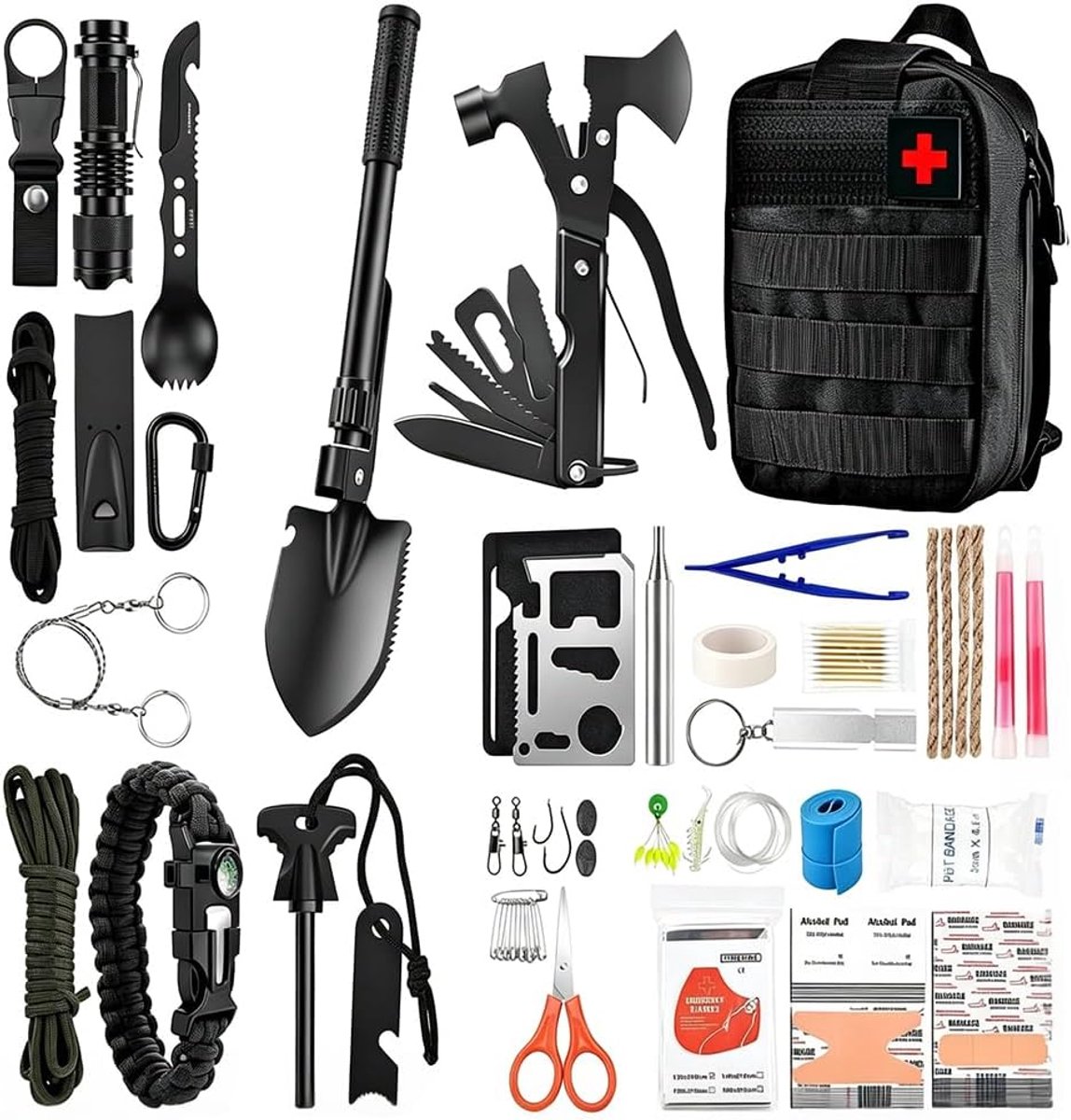 Survivalkit met EHBO-set, bijl en schop, tas zwart (2kg)