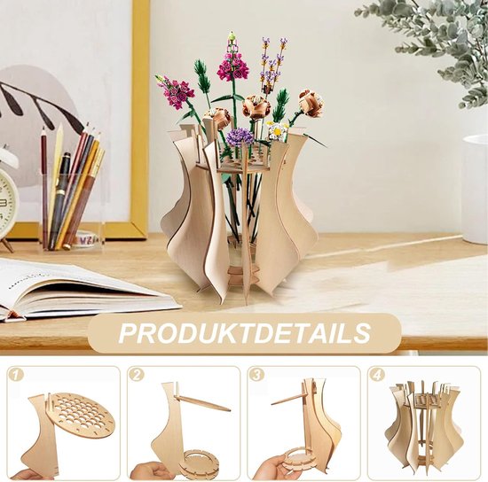 Houten puzzelvaas met kunstbloemen op een bureau, inclusief vier montage stappen.