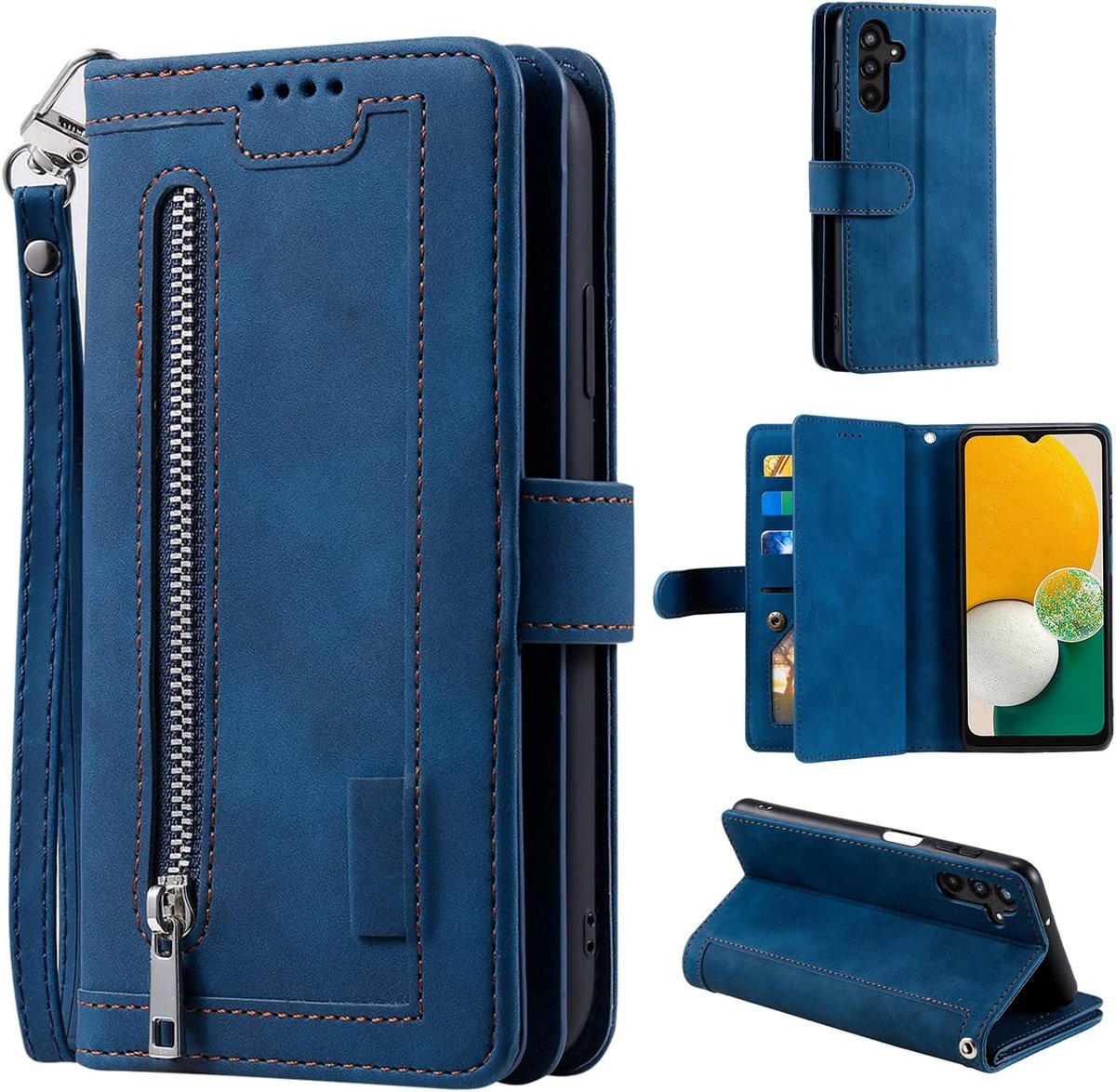 Hoesje voor Samsung Galaxy A55 5G, Leren Flip Case met Magnetische Rits, Portemonnee met 9 Kaartsleuven, Standfunctie, Retro Mat Leren Hoesje - Blauw