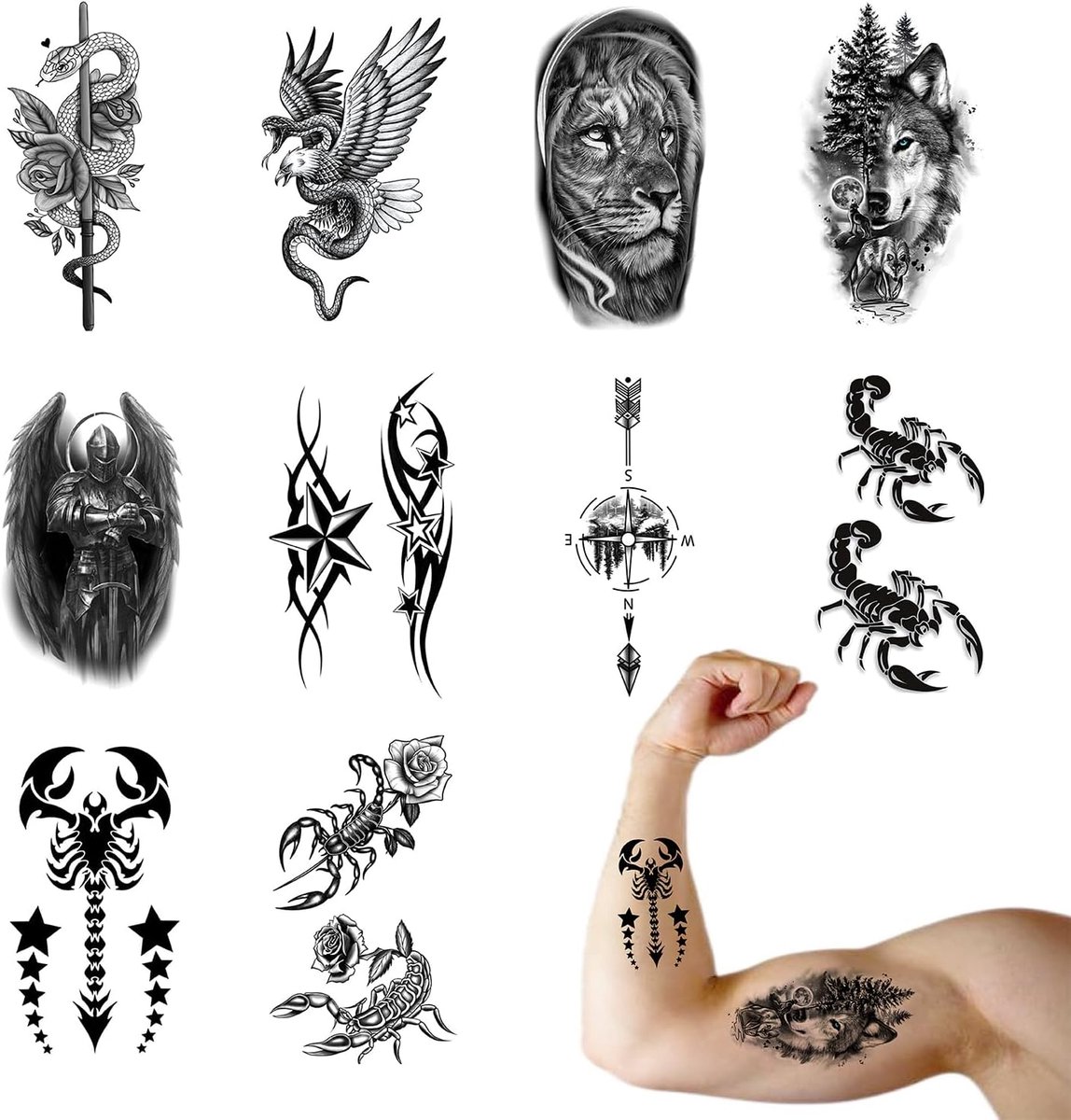 Tijdelijke tatoeages, tijdelijke tatoeagestickers, 10 verschillende ontwerpen, zwarte tatoeagestickers, huidtatoeagestickers, volwassenen