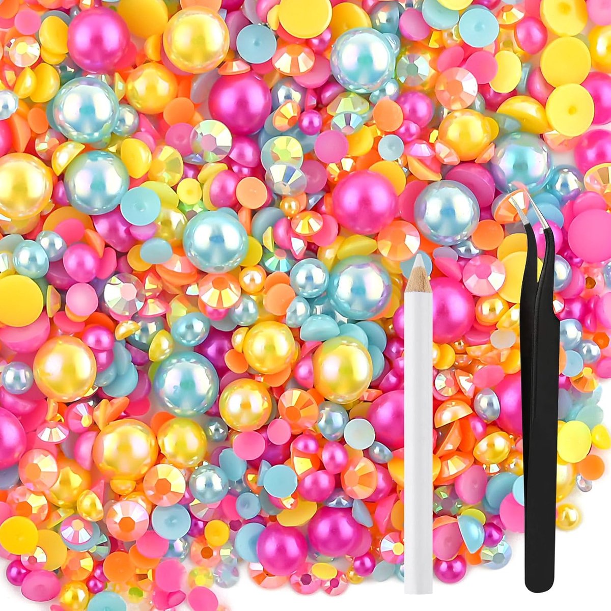 60 g Mix Parels en Strass voor Ambachten Platback Steentjes Halfrond Gemengde Maat 3mm-10mm Flatback Parels voor Ambachten DIY Nail Art Schoenen Kleding Tumblers Mokken (Roze Blauw Geel)
