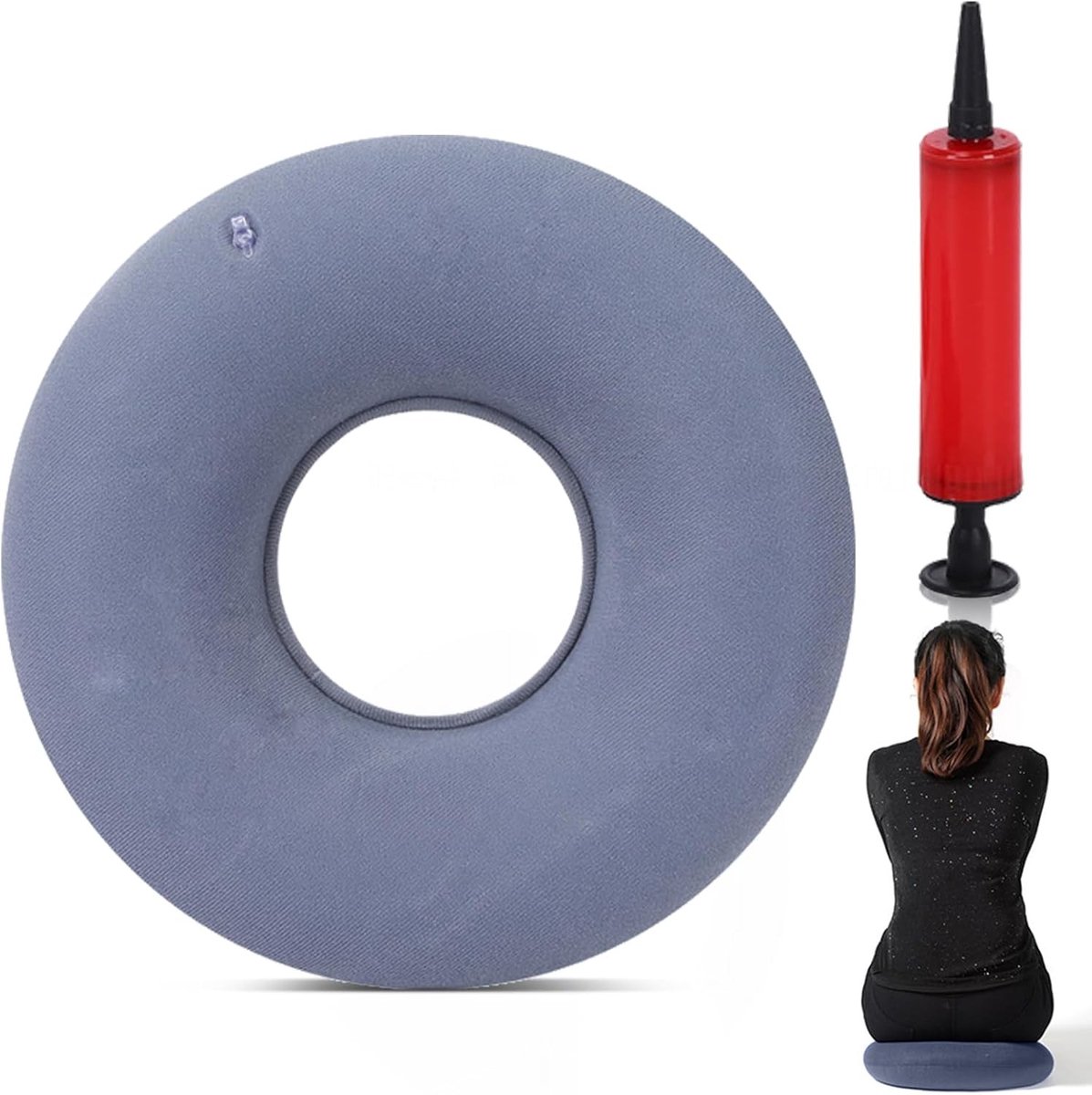 Zitkussen voor verlichting van aambeien, opblaasbare ringkussen met pomp voor coccyxpijn en comfort (grijs)