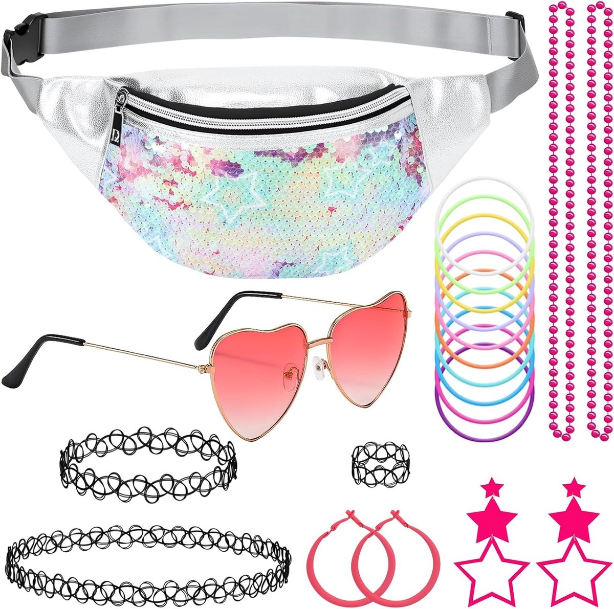 Malle Outfite Damesaccessoires voor 80s en 90s Feestoutfits met Buikzak, Hartvormige Zonnebril en Ketting voor een Crazy Party Look