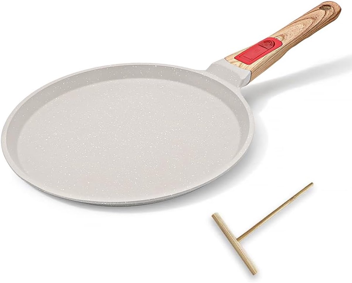 Crêpepan 25 cm met afneembare handgreep - Pan voor pannenkoeken met deegverdeler - Antiaanbaklaag - Geschikt voor inductie - Wit