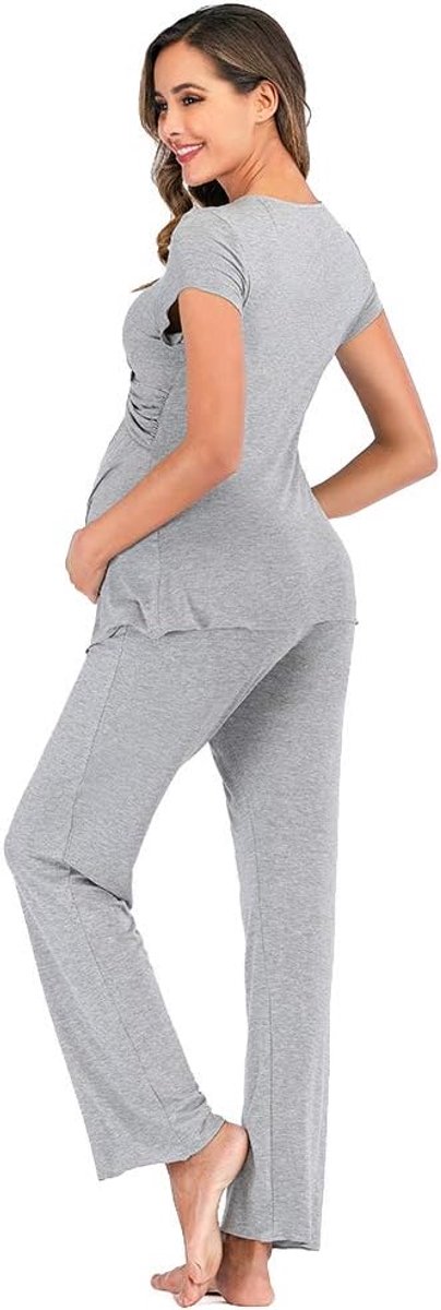 rismart Zwangerschaps- en borstvoedingspyjama voor dames, set met korte mouwen, zwanger ziekenhuis, nachtkleding T-shirt top met broek