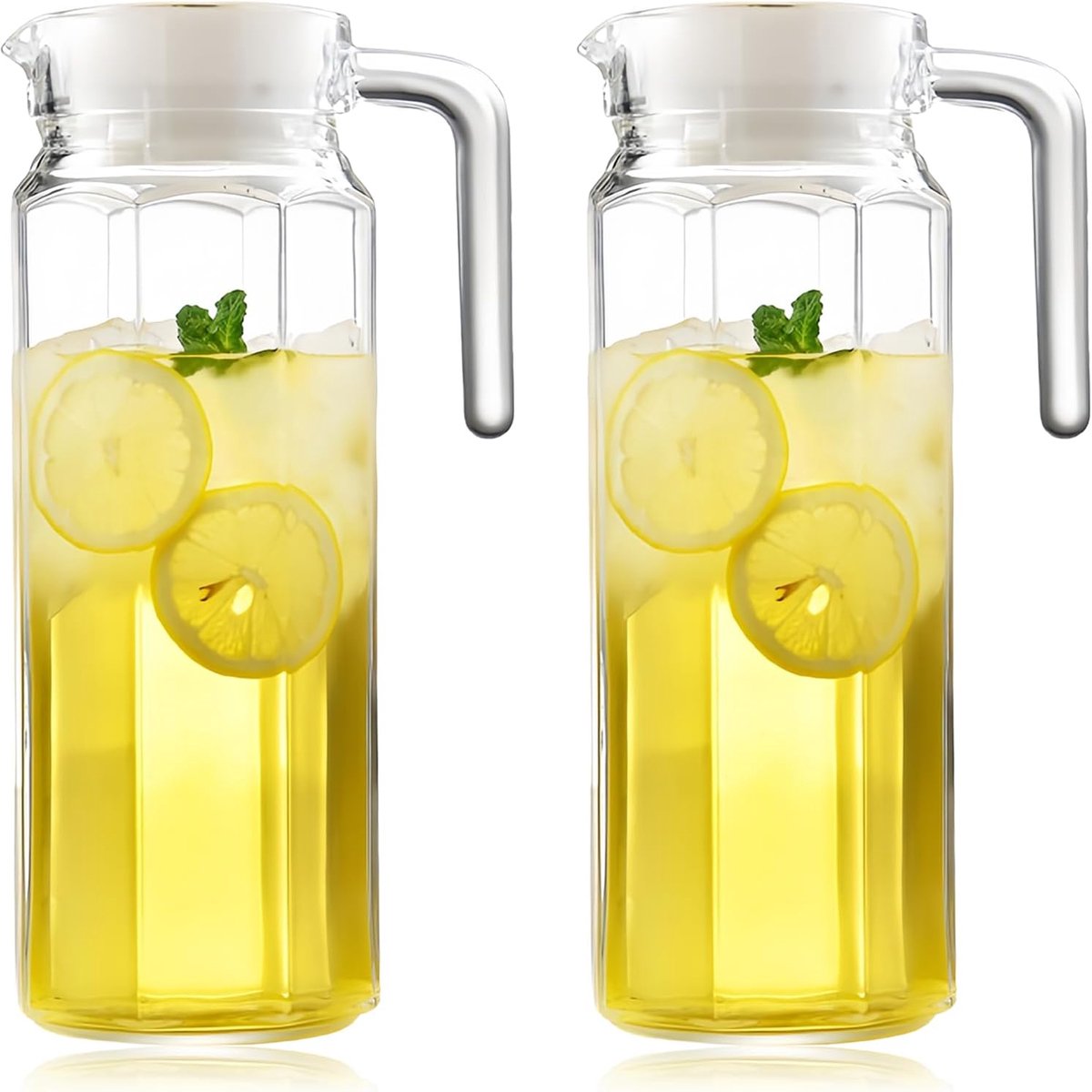 2 stuks heldere waterkan met deksel: 1,1 liter transparante sapkan met deksel, acryl waterfles, kunststof ijstheekruik met handvat, drankkaraf, voor wijn, koffie, koud en warm water, 2 stuks