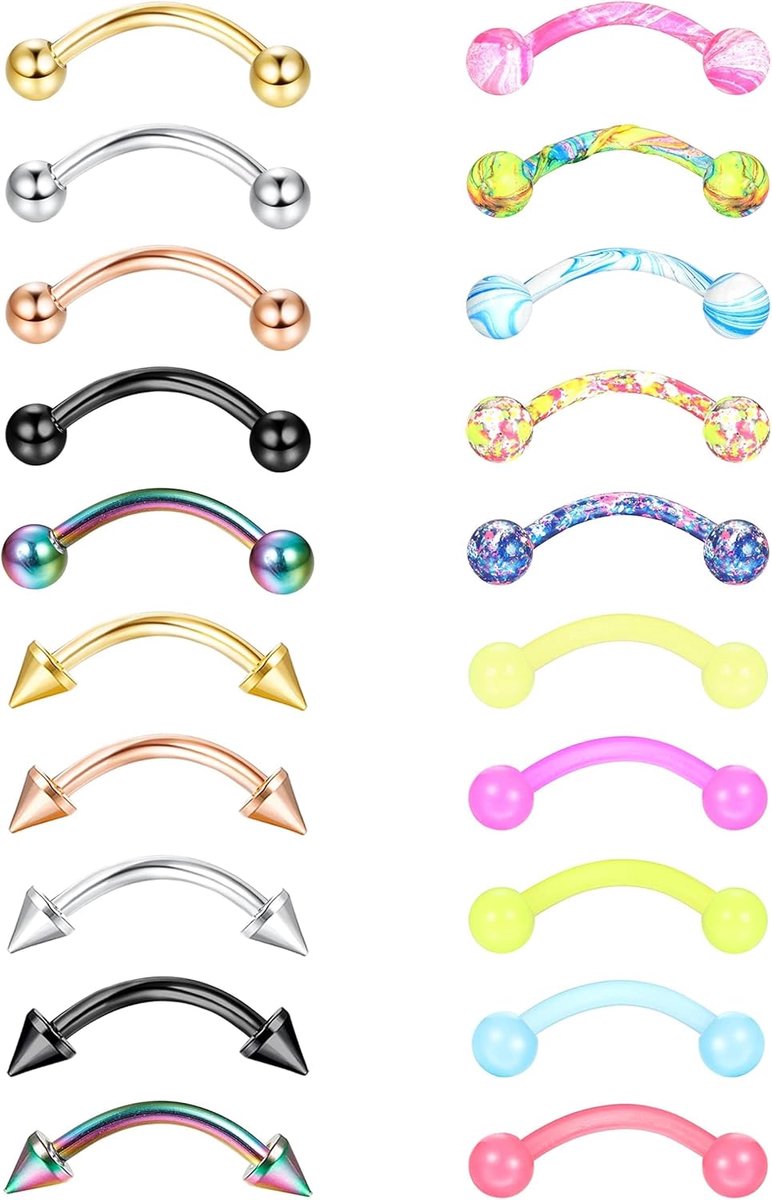 Wenkbrauwringen, 16G, roestvrij staal, kraakbeen/tragus/helix/taith-/rook-oorbellen, piercing/lipring/stud/barbell, gebogen ring, acryl piercingssieraden voor dames en heren