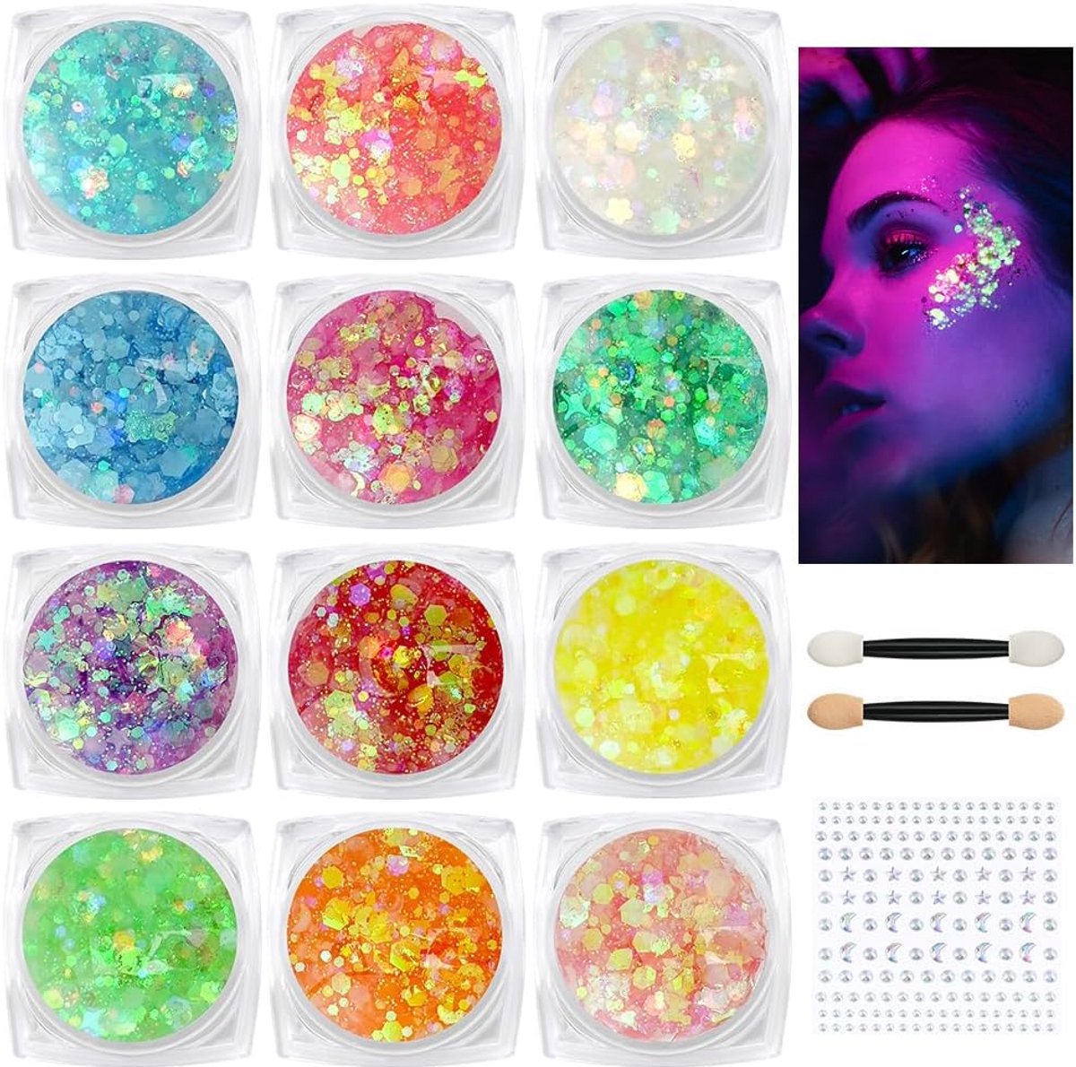 pailletten, 12 kleuren glittergel-bodyglitter, fluorescerende glittergel, make-upgel voor lichaam, lippen, make-up, masker, Halloween, Kerstmis, muziekfeest