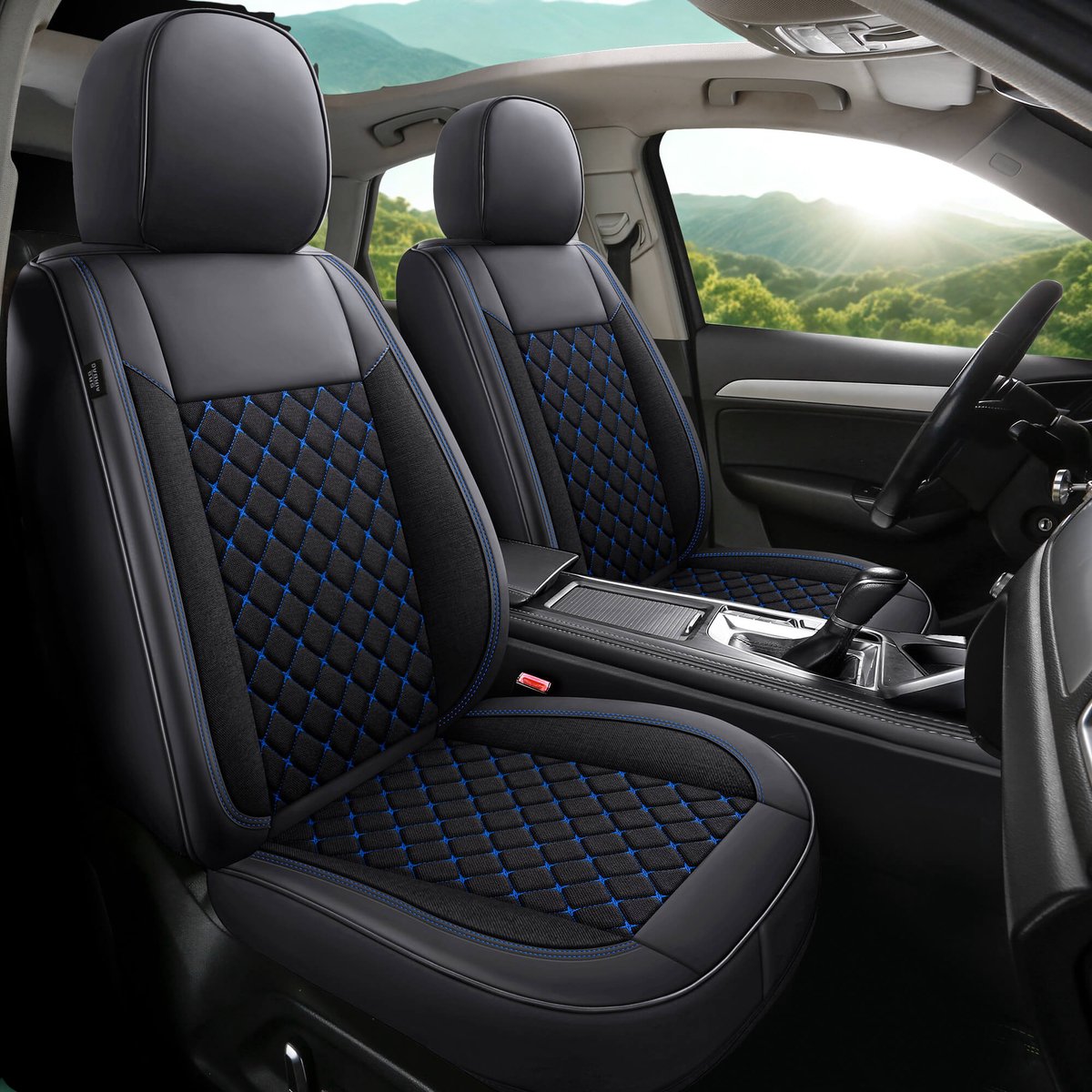 Autostoelhoezen voor BMW 2 serie F45 F46 Gran Tourer | Set van 2 | Hoogwaardig Kunstleer (Skai) | CLS903 | Zwart met blauwe stiknaden