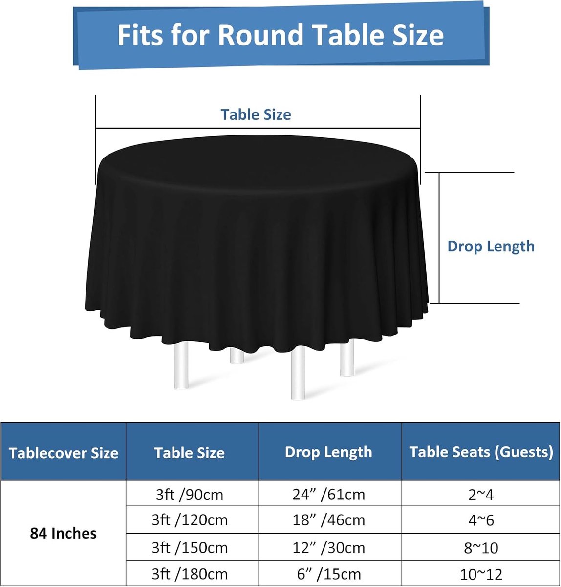 Tafelkleden, zwart tafelkleed, 213,4 cm, waterdicht, rond tafelkleed, grote verpakking voor verjaardagsfeest, bruiloft, picknick, thuis, eettafeldecoraties