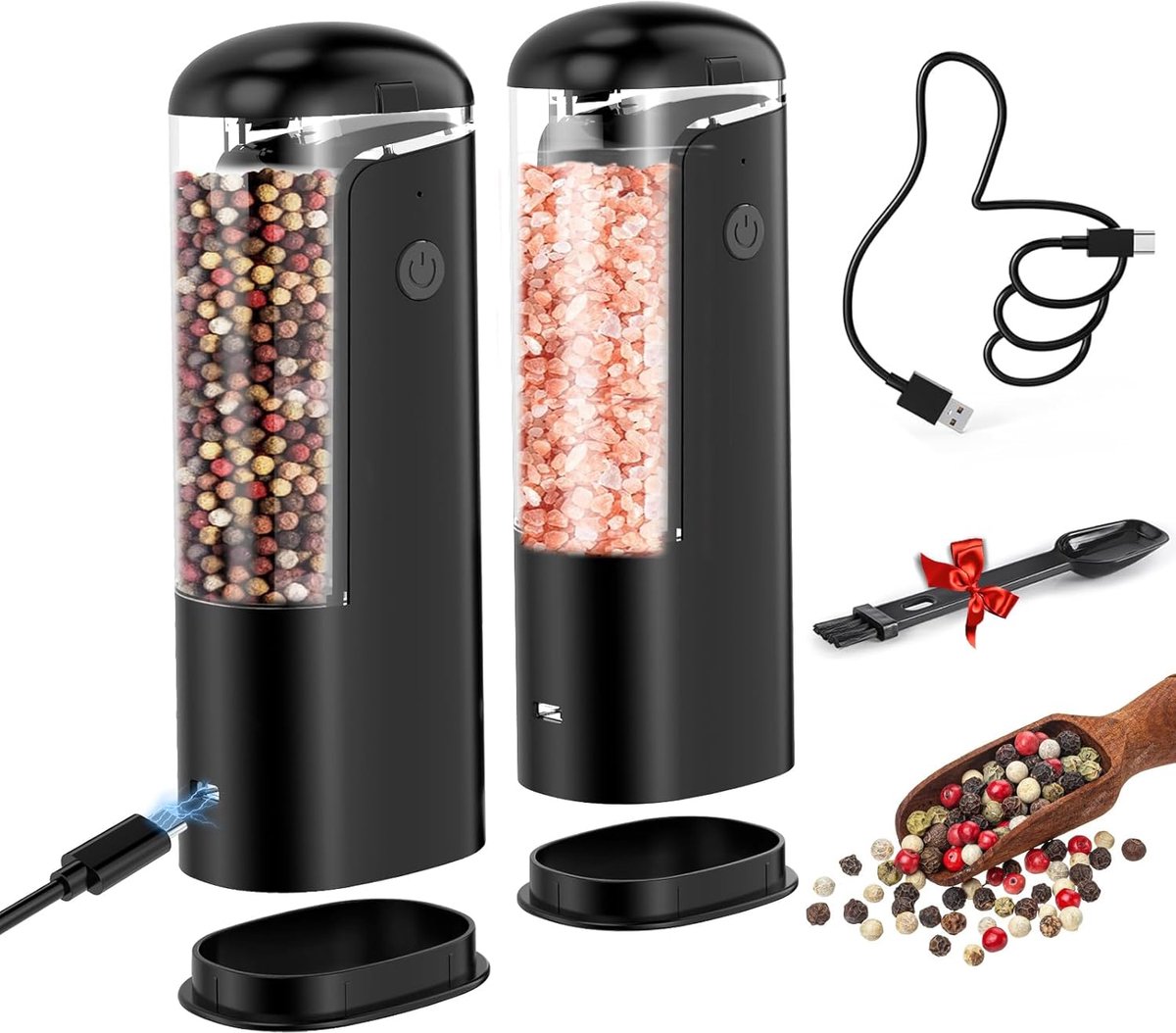 Zout- en pepermolen elektrisch set: - USB oplaadbaar elektrische zout- en peperspreider met licht, instelbare grofheid zoutmolen elektrisch, zwart