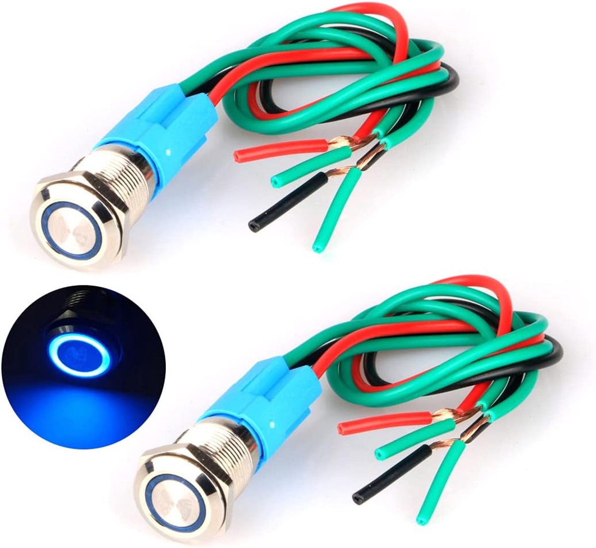 2 stuks 220V-230V/3A Kortstondige Drukknop Waterdichte Roestvrijstalen Schaal LED-ring Verlichte Knop met Draadaansluiting plug Geschikt voor 12mm Montagegat (Blauw)